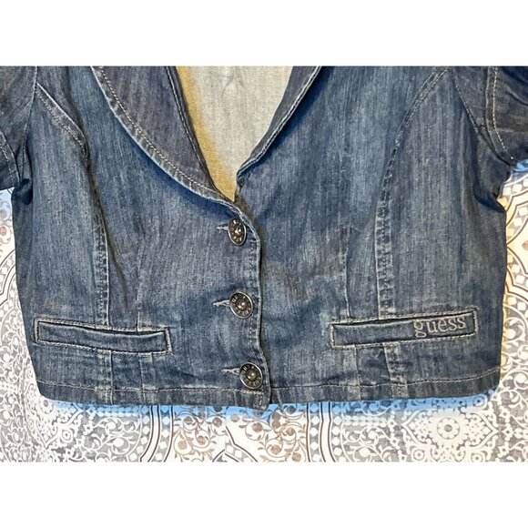 Guess Womens Denim Cropped Jacket Size L Short Sleeve Button Front - Picture 6 of 11